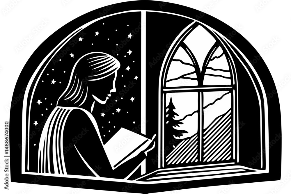 Woman reading by window overlooking night sky forest scene transparency design, woman, reading, book, window, night, sky, stars, forest, tree, nature, silhouette, illustration, graphic, vector, design Woman reading by window overlooking night sky forest scene transparency design, woman, reading, book, window, night, sky, stars, forest, tree, nature, silhouette, illustration, graphic, vector, design