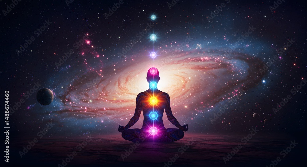 Meditative Figure Surrounded by Cosmic Galaxy and Colorful Chakras Representing Energy Centers Meditative Figure Surrounded by Cosmic Galaxy and Colorful Chakras Representing Energy Centers