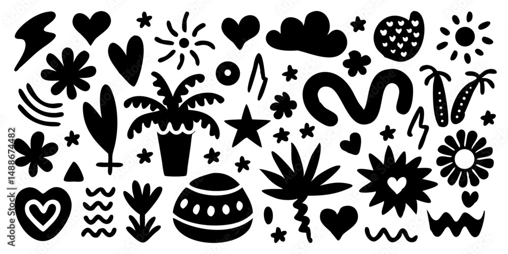 Fototapeta premium Black and white hand-drawn doodle set with summery elements.