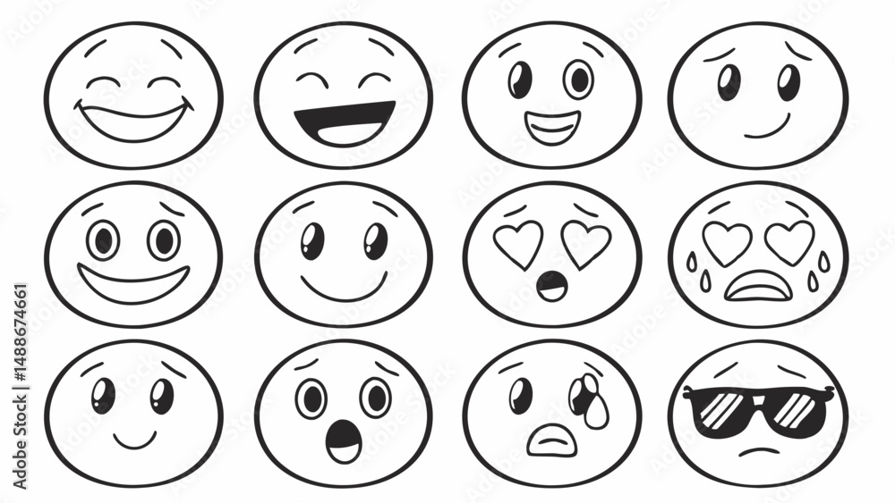 Collection of simple, black and white cartoon emoticons. Collection of simple, black and white cartoon emoticons.