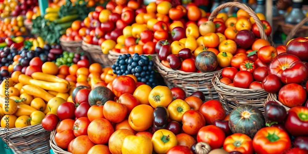 Vibrant, overflowing baskets of ripe, colorful fruit at a farmers market, summer, market stall Vibrant, overflowing baskets of ripe, colorful fruit at a farmers market, summer, market stall