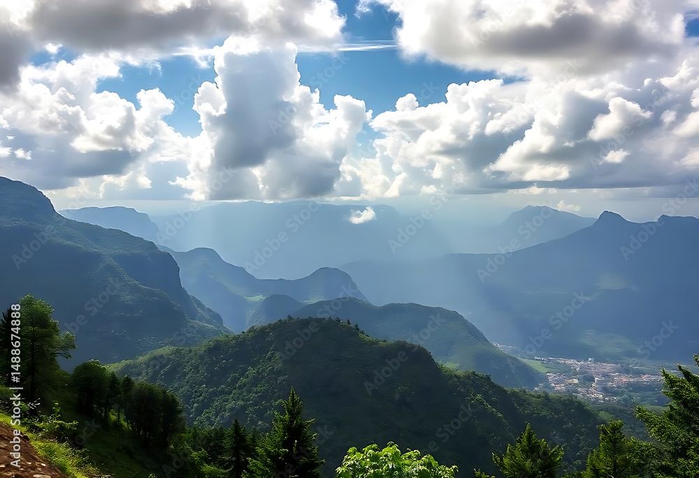 Obraz premium Mountain peaks rising through dramatic clouds and valley haze
