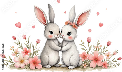 Bunny couple surrounded by pastel flowers and floating hearts ideal for congratulating newlyweds
