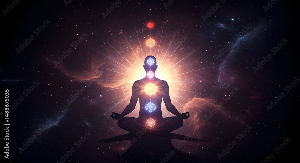 Silhouette of a Meditating Figure Illuminated by Chakra Energy in a Cosmic Background Silhouette of a Meditating Figure Illuminated by Chakra Energy in a Cosmic Background