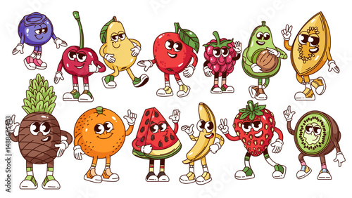 Groovy fruit and berry cartoon characters set. Funny retro strawberry avocado raspberry apple cherry pineapple banana. Fruit mascot, cartoon stickers collection of 70s 80s style vector illustration