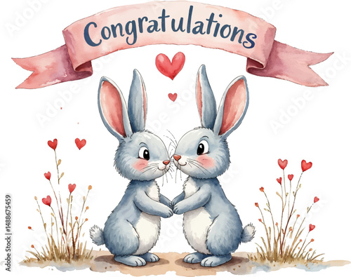 Festive watercolor illustration of bunny couple under heart ribbon conveying congratulations for a special occasion