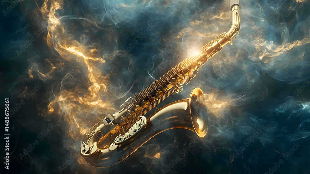 Obraz premium Elegant Saxophone Surrounded by Colorful Smoke and Light Effects