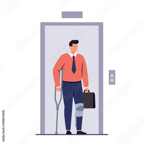Businessman using crutches while standing by the elevator door. Vector minimalistic illustration on the theme of social adaptation of people with disabilities