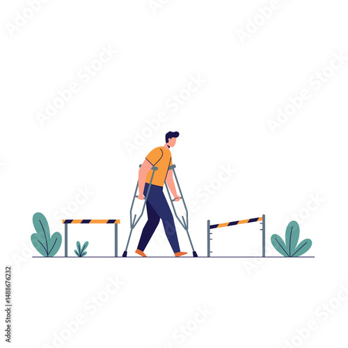 Young man walking with crutches past obstacles in an outdoor setting  .   Vector minimalistic illustration on the theme of social adaptation of people with disabilities