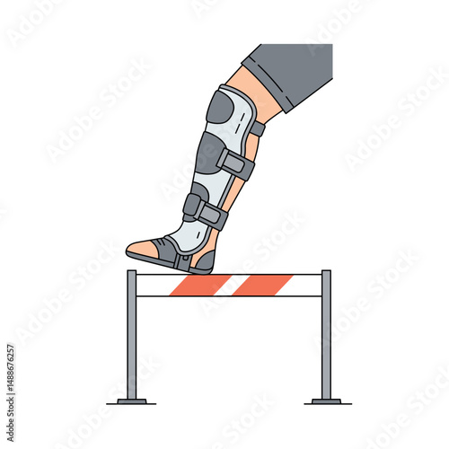 Person with leg brace stepping over a hurdle in rehabilitation. Vector minimalistic illustration on the theme of social adaptation of people with disabilities