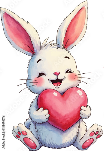 Cheerful bunny holding a heart expresses joy and love in gentle watercolor