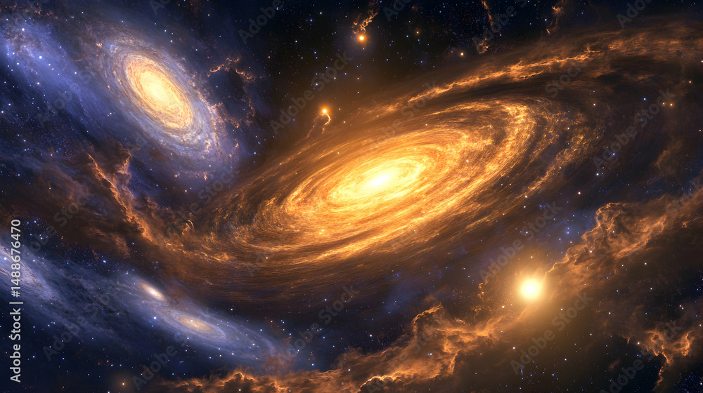 Fototapeta premium Majestic Cosmic Landscape with Spiraling Galaxies and Stars