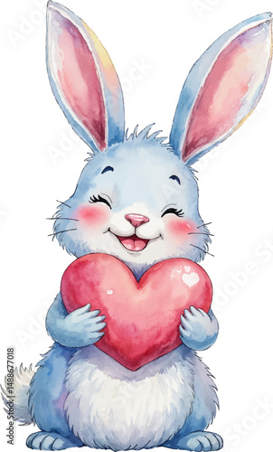Watercolor illustration of a cheerful bunny holding a heart with a warm smile expressing joy and love in gentle tones
