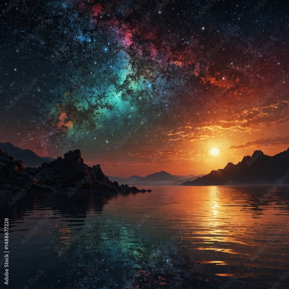 Fototapeta premium Golden light painted the evening sky with hues of orange and red as the sun dipped below the horizon, reflecting beautifully on the calm sea, ocean, and lake waters