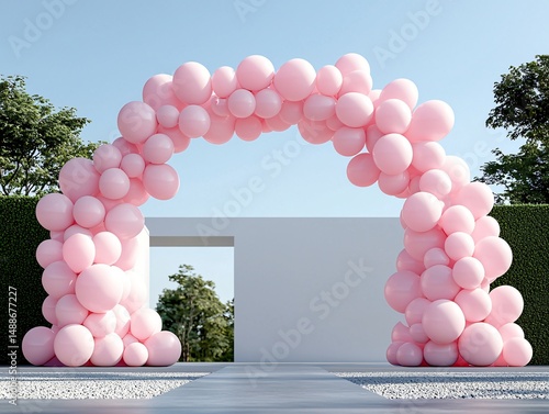Serene gradient pink balloon arch over minimalist gravel flooring, supported by white steel rods, clear blue sky and green vertical garden softly framing the scene
