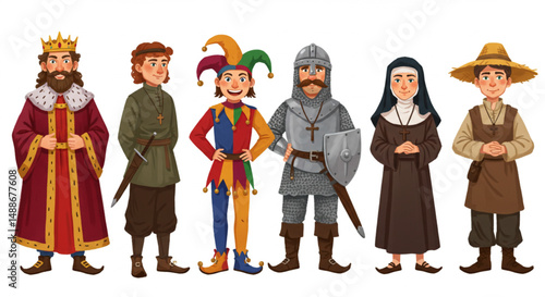 Medieval People in Traditional Costumes Vector Illustration