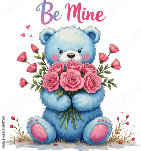 Bear with bouquet of flowers expresses affection with gentle artwork for a romantic occasion