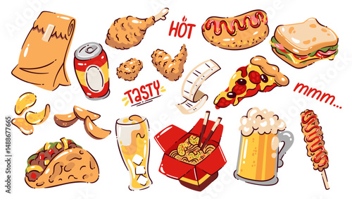 Colorful fast food doodle set with burgers, pizza, hot dog, fries, chips, drinks, noodles, taco, beer, and more. Tasty cartoon style for menu, sticker, packaging, or kids design. Vector illustration.