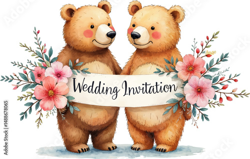 Watercolor bear couple holding a floral wedding invitation banner in gentle pastel tones for a charming celebration