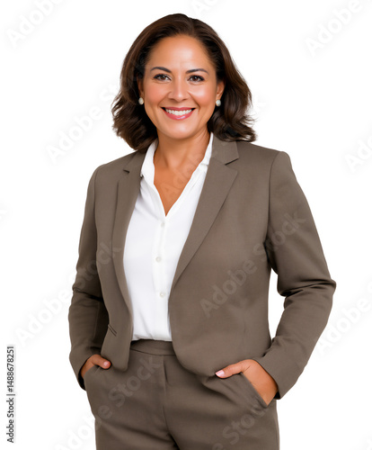 Confident and successful middle-age Hispanic businesswoman wearing suit and hands in pockets, isolated on white or transparent background