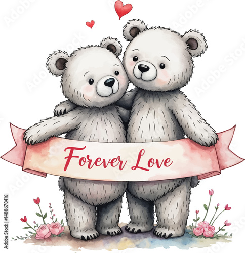 Watercolor illustration of bear couple holding a вЂњForever LoveвЂќ banner in soft tones, ideal for congratulating newlyweds