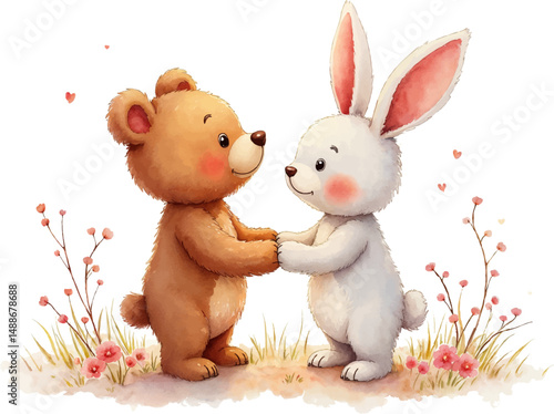 Bear and bunny holding hands surrounded by soft glowing lights in gentle tones, perfect for romantic celebrations and weddings