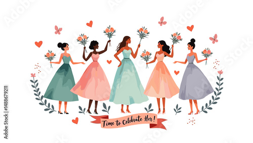 Bridal Shower Celebration with Bridesmaids – Elegant Wedding Party Illustration

