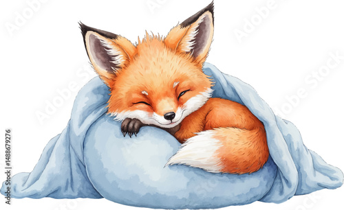 Cozy baby fox resting in soft blanket, perfect for birth celebration or baby shower themes with warm pastel tones