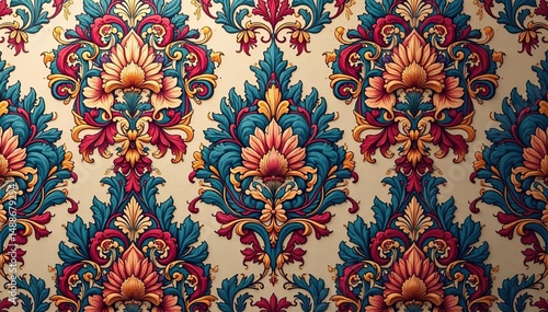 Elegant floral damask textile, intricate repeating pattern, jacquard, graphics, design