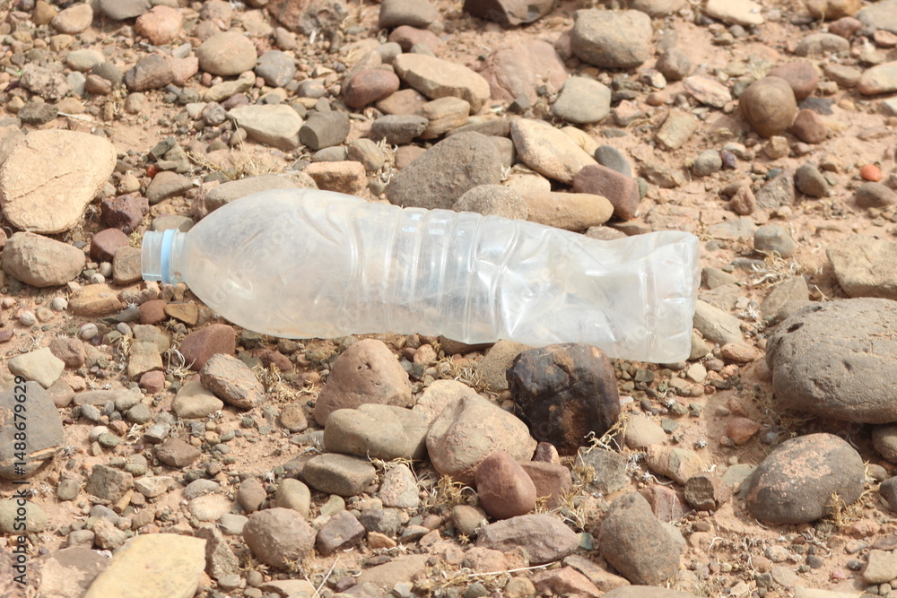 Obraz premium A plastic bottle lying on the ground, Plastic pollution, Plastic environmental impact