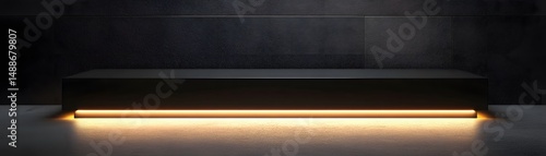 Dark space illuminated by a glowing light bar.