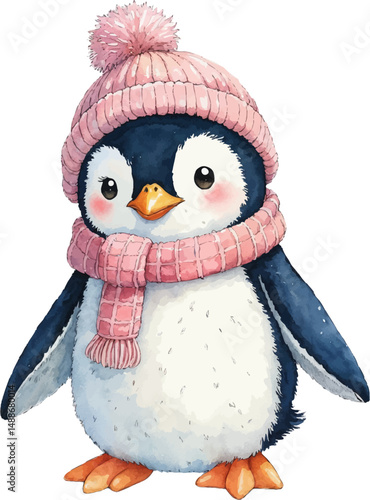 Charming baby penguin in pastel colors wearing a beanie and scarf, perfect for winter baby celebrations
