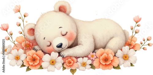 Cute baby bear sleeping peacefully on a soft flower bed in gentle pastel tones for nursery or celebration themes
