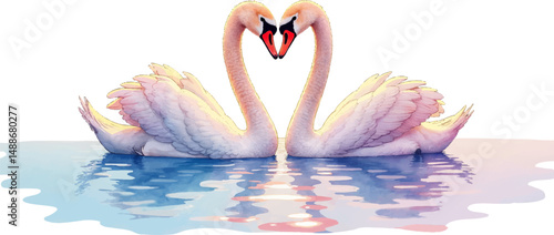 Serene swan couple gliding on a pastel lake creating a heart shape, ideal for celebrating newlyweds