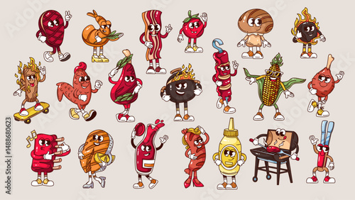 Groovy BBQ picnic cartoon characters set. Funny retro barbecue meat and vegetables, grill equipment personages collection. BBQ mascots, and funky cartoon stickers of 70s 80s vector illustration