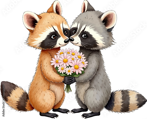 Raccoon couple holding a pastel bouquet of daisies for wedding congratulations in soft watercolor illustration