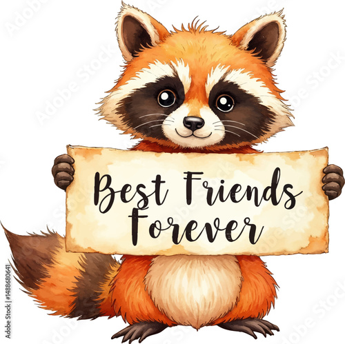 Raccoon holding a banner that says Best Friends Forever in gentle watercolor illustration celebrating friendship