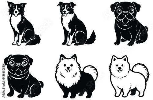 A vector cartoon set features a collection of black and white cat animal silhouettes, a fun art design