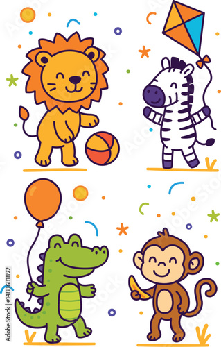 Set of wild animals illustration for kids education, colorful characters, lion, zebra, cocodrile and monkey