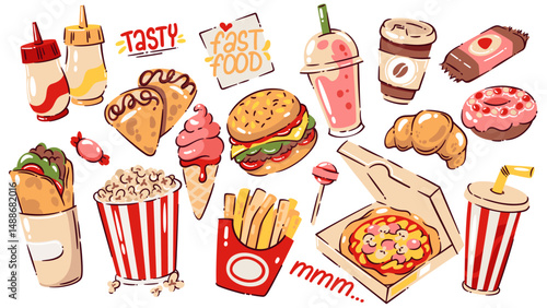 Fast food doodle set with burger, pizza, fries, wrap, soda, donut, croissant, popcorn, and desserts in cute cartoon style. Fast food collection for menu, stickers, kids design. Vector illustration.