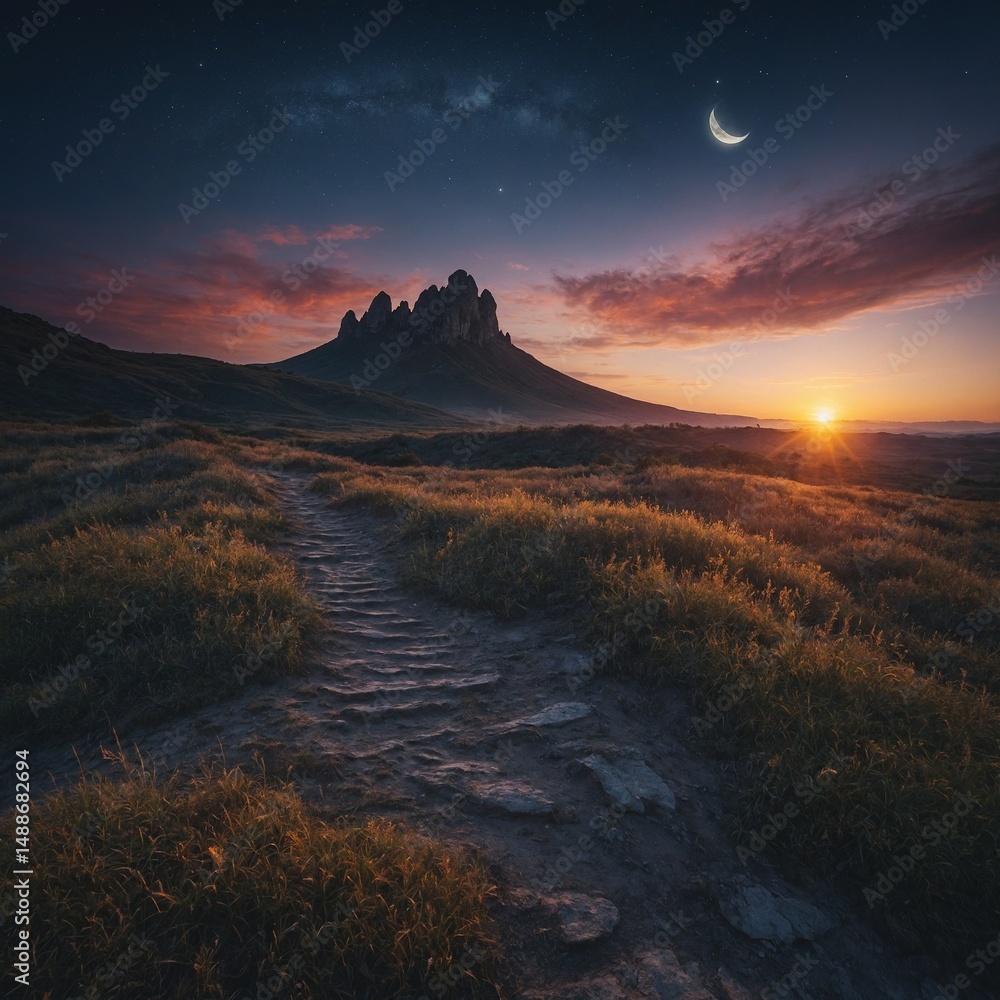 Obraz premium A vibrant orange and red sunset paints the mountain landscape under a cloudy sky at dusk