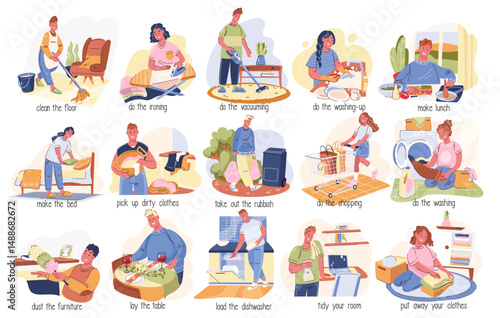 People do housework cartoon set. Funny man and woman cleaning floor and furniture, doing laundry and shopping, washing dishes and ironing. Housework cartoon actions collection vector illustration
