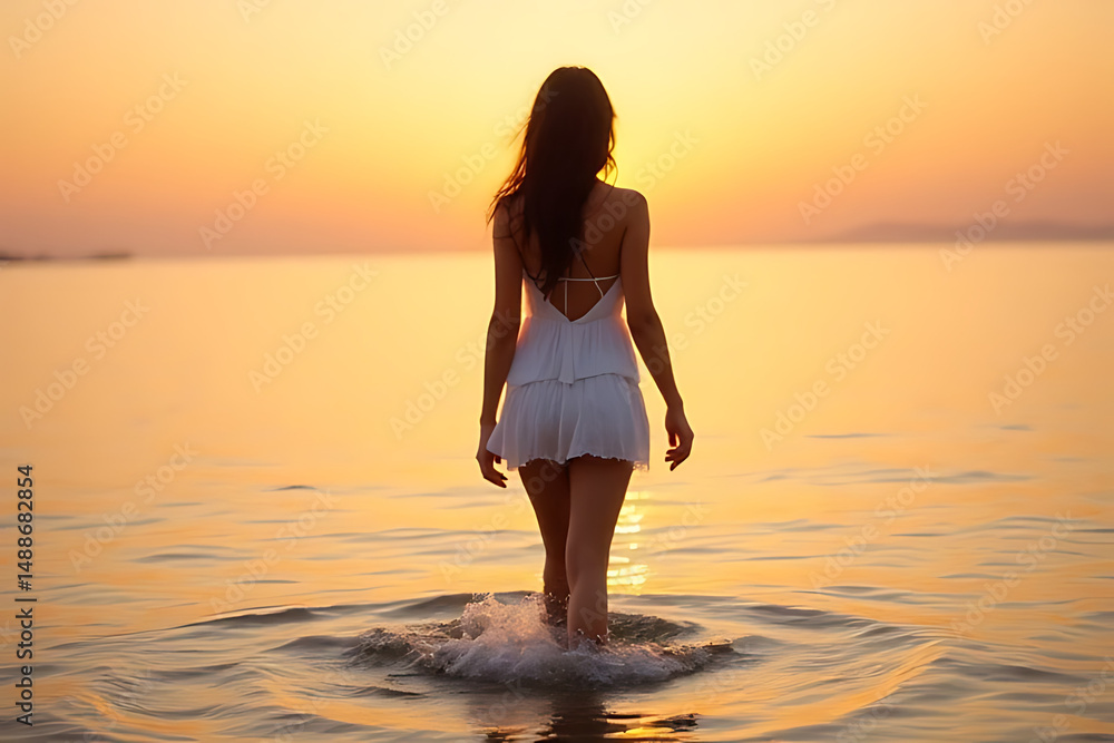 Fototapeta premium a beautiful woman wearing a white mini dress is walking along the beach with a sunset background