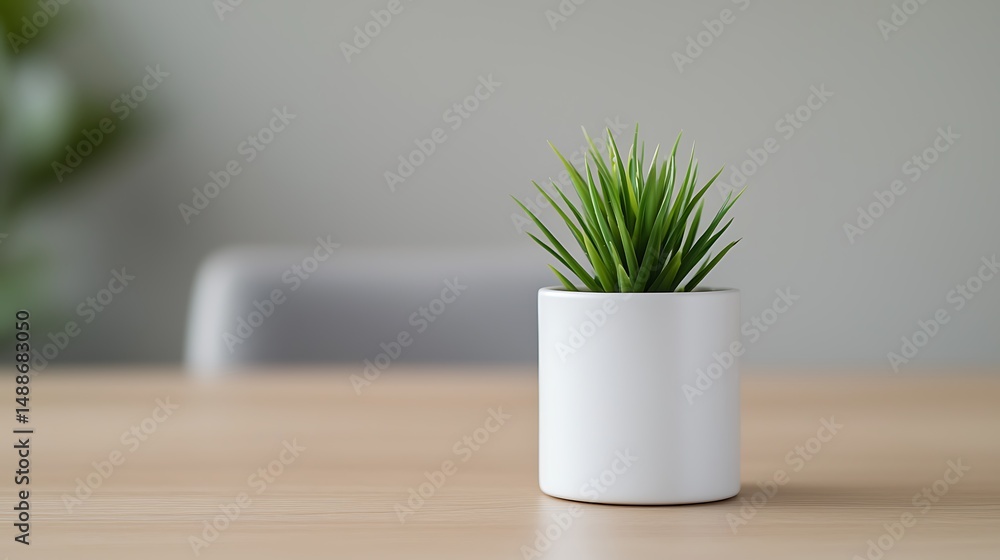 Obraz premium Minimalist greenery: Fresh green plant in small white pot brings a touch of nature and tranquility to any space.