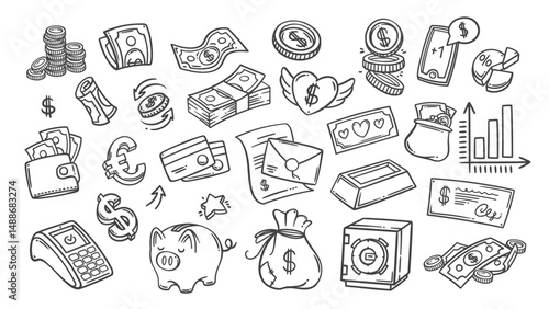 Money line icons set. Outline hand drawn cash paper dollar bills and coins pile, piggy bank and bag, credit card. Finance, currency mascot, money payment and transaction icons vector illustration