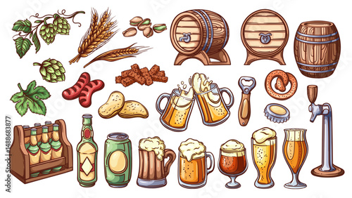 Beer pub menu and equipment line icons set. Outline hand drawn cheers toast, glass bottle and mug, wooden barrel and hop plant to brew craft beer. Oktoberfest mascot, color icons vector illustration