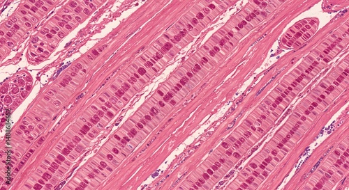 Microscopic View Of Muscle Tissue Featuring Striations And Cellular Structure In Vibrant Pink Hue