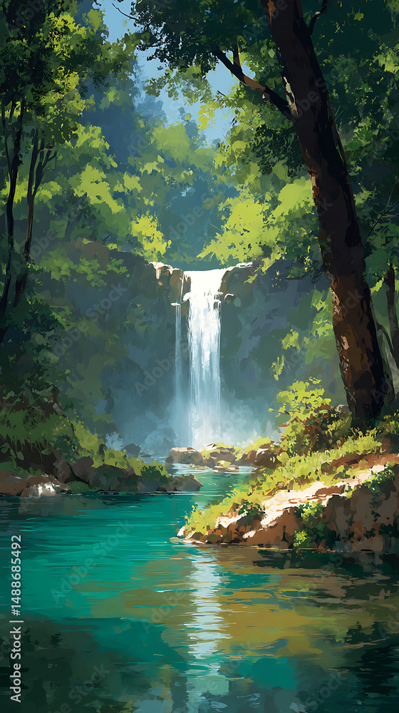 Naklejka premium Anime Manga Illustration of a Serene Waterfall in a Mystical Forest