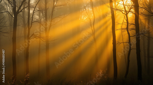 Wallpaper Mural Sunlight filters through trees in a misty forest, creating golden rays and serene atmosphere. Torontodigital.ca