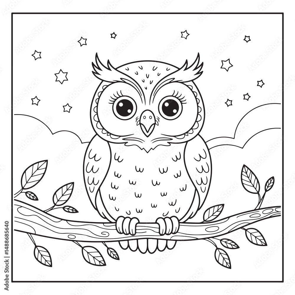 Fototapeta premium Cute Owl on a Branch with Stars and Moon – Coloring Page